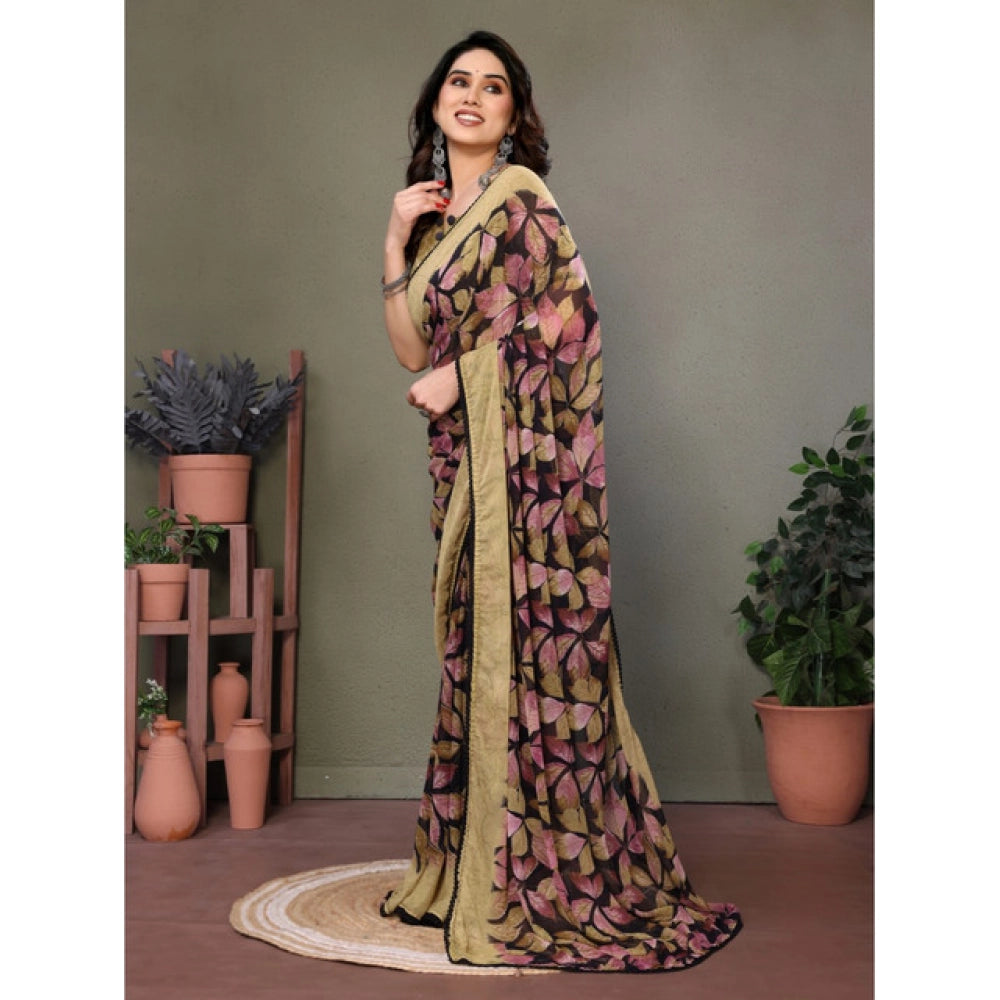 Vaystra Chiffon Printed Saree With Unstitched Blouse 5.5Mtr – Beige