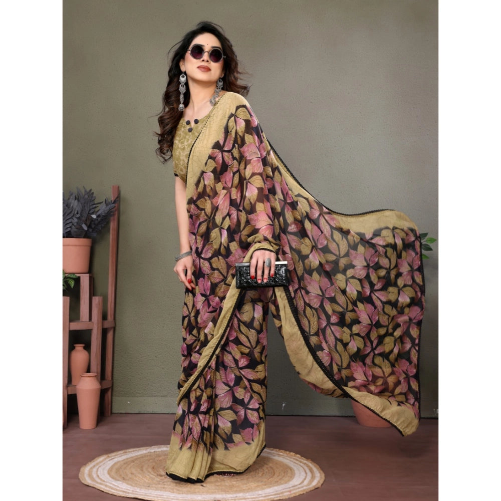 Vaystra Chiffon Printed Saree With Unstitched Blouse 5.5Mtr – Beige