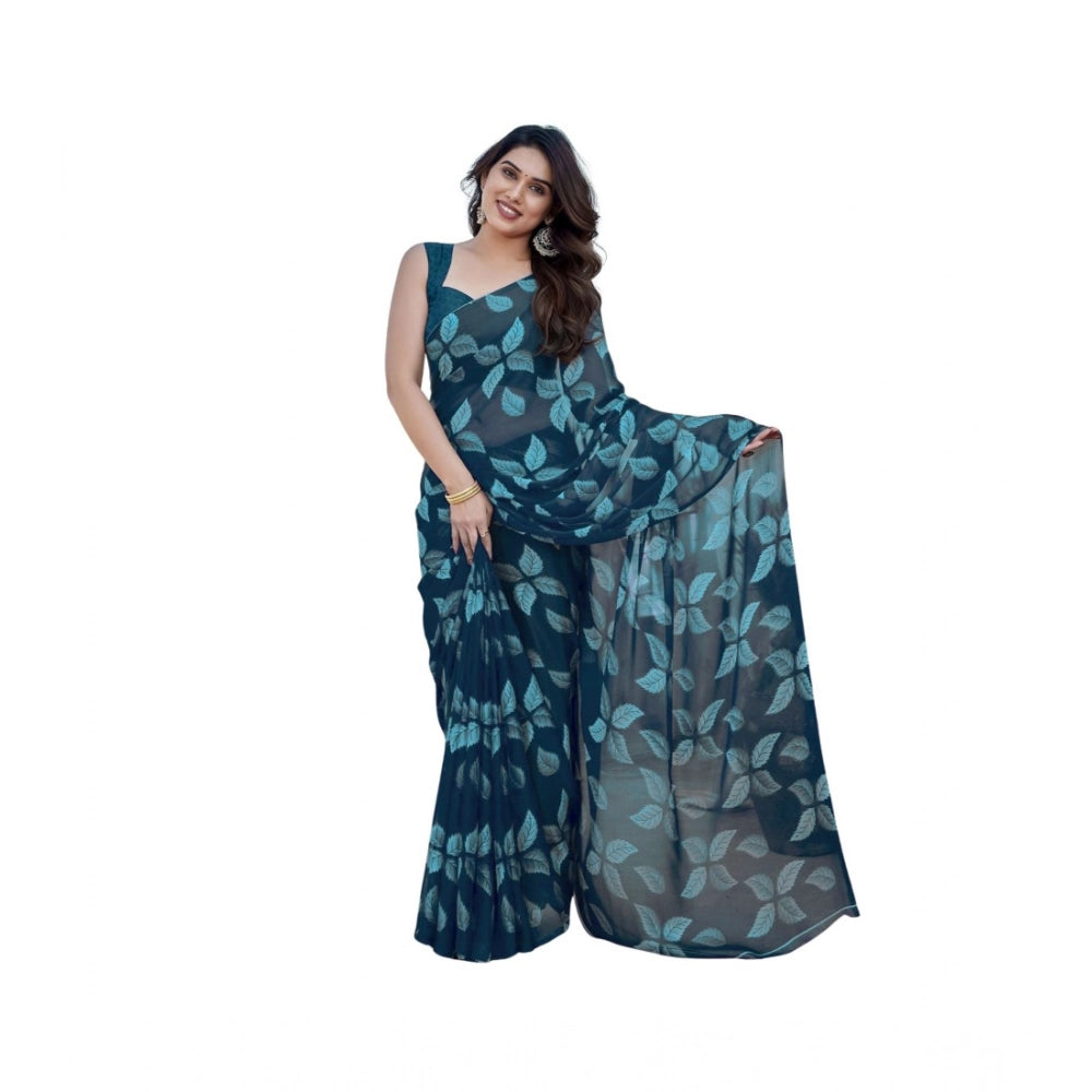 Vaystra Chiffon Printed Saree With Unstitched Blouse 5.5Mtr – Blue