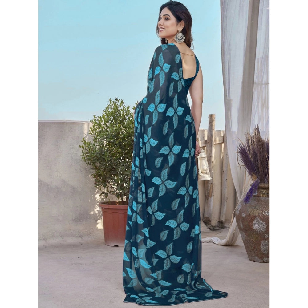 Vaystra Chiffon Printed Saree With Unstitched Blouse 5.5Mtr – Blue