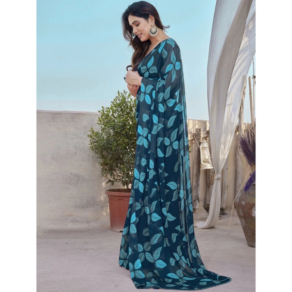 Vaystra Chiffon Printed Saree With Unstitched Blouse 5.5Mtr – Blue