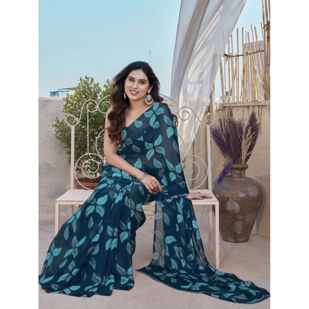 Vaystra Chiffon Printed Saree With Unstitched Blouse 5.5Mtr – Blue