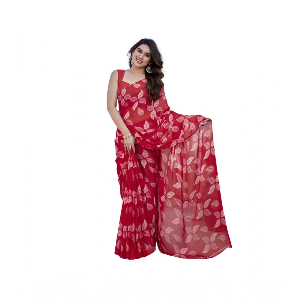 Vaystra Chiffon Printed Saree With Unstitched Blouse 5.5Mtr – Red