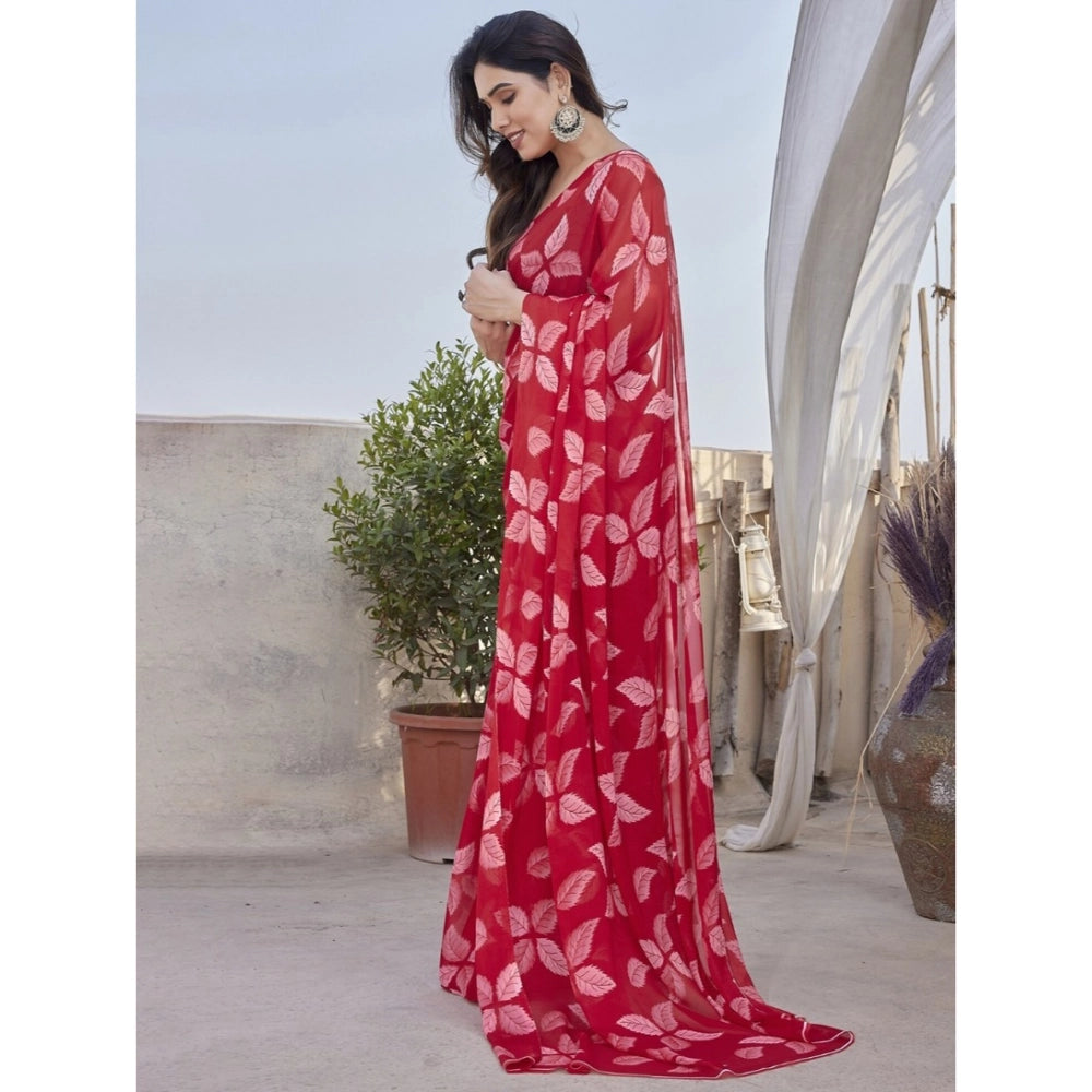 Vaystra Chiffon Printed Saree With Unstitched Blouse 5.5Mtr – Red