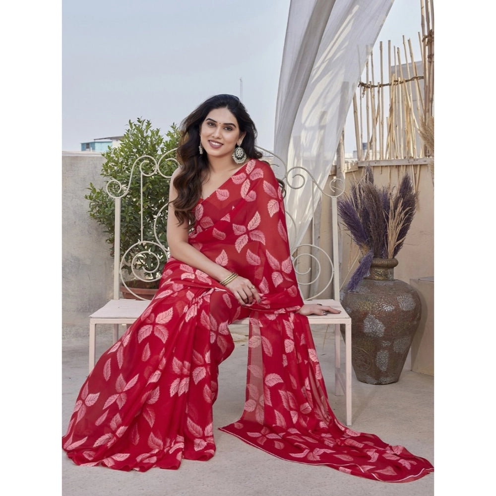 Vaystra Chiffon Printed Saree With Unstitched Blouse 5.5Mtr – Red