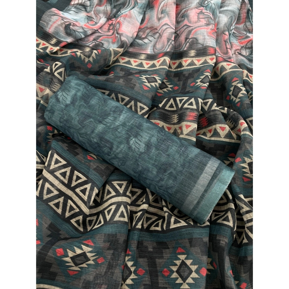 Vaystra Linen Cotton Printed Saree With Unstitched Blouse 5.5Mtr – Blue