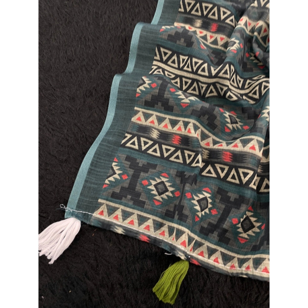 Vaystra Linen Cotton Printed Saree With Unstitched Blouse 5.5Mtr – Blue