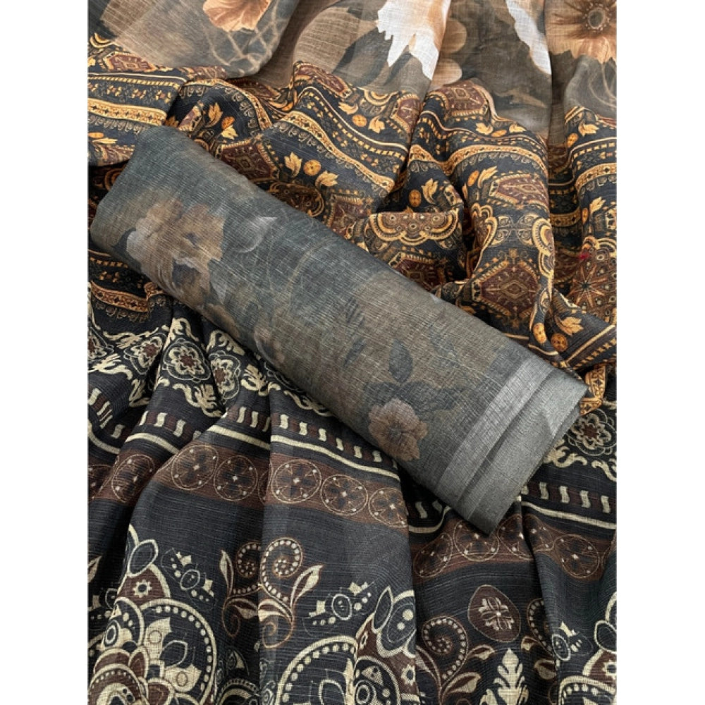Vaystra Linen Cotton Printed Saree With Unstitched Blouse 5.5Mtr – Beige