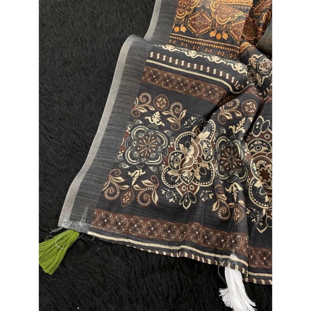 Vaystra Linen Cotton Printed Saree With Unstitched Blouse 5.5Mtr – Beige