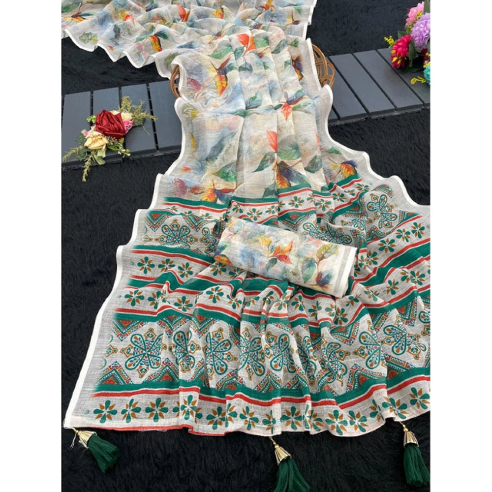 Vaystra Linen Cotton Printed Saree With Unstitched Blouse 5.5Mtr – Green