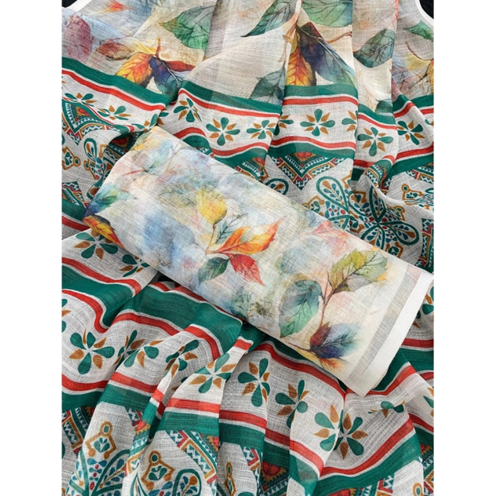 Vaystra Linen Cotton Printed Saree With Unstitched Blouse 5.5Mtr – Green