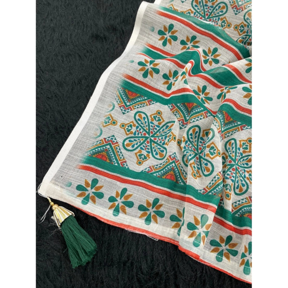Vaystra Linen Cotton Printed Saree With Unstitched Blouse 5.5Mtr – Green