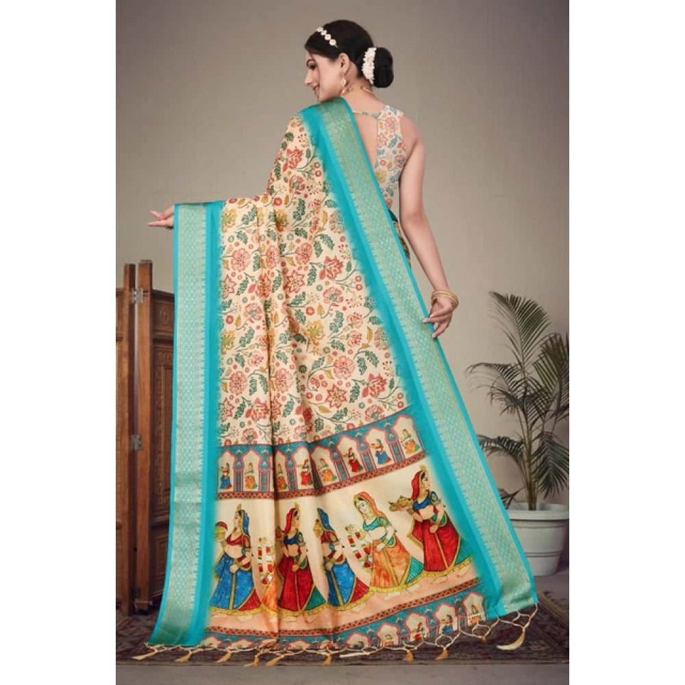 Vaystra Cotton Silk Printed Saree With Unstitched Blouse 5.5Mtr – Sky Blue