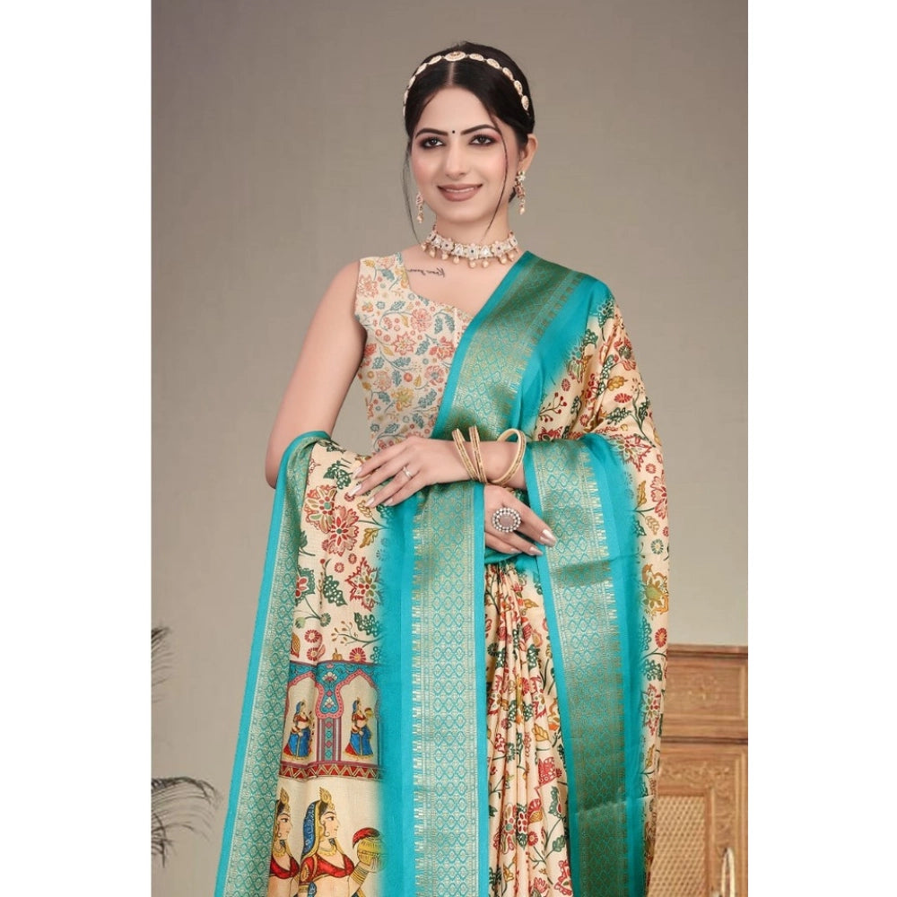 Vaystra Cotton Silk Printed Saree With Unstitched Blouse 5.5Mtr – Sky Blue