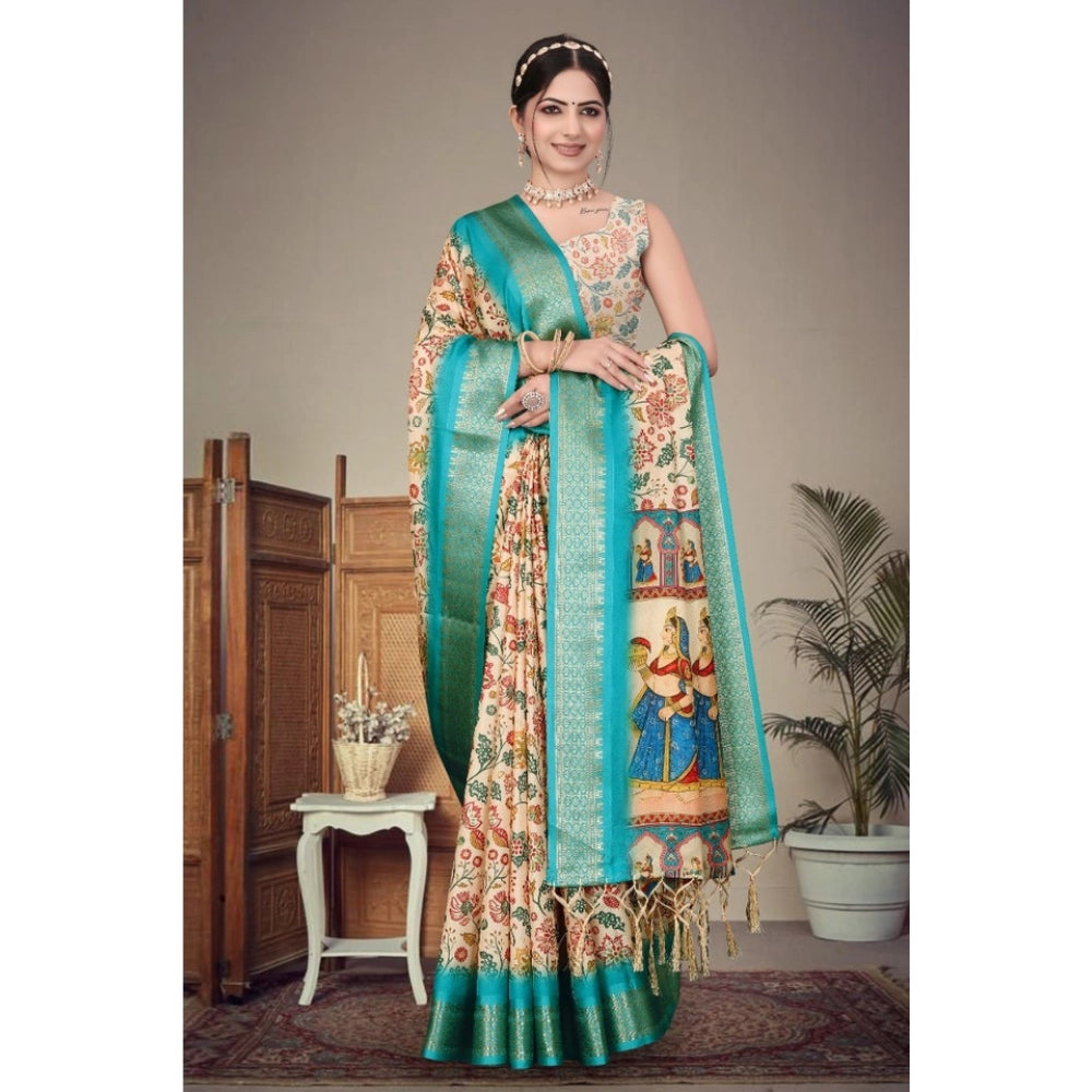 Vaystra Cotton Silk Printed Saree With Unstitched Blouse 5.5Mtr – Sky Blue