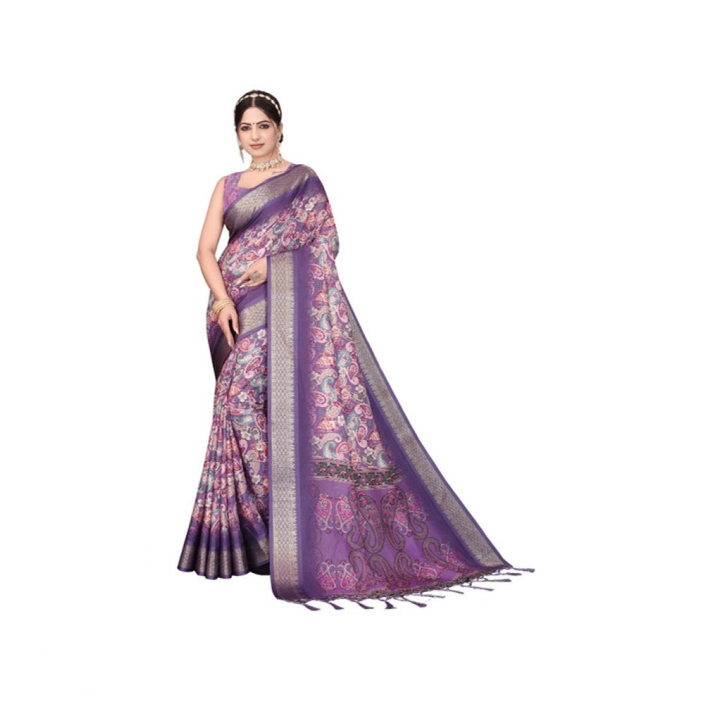 Vaystra Cotton Silk Printed Saree With Unstitched Blouse 5.5Mtr – Purple