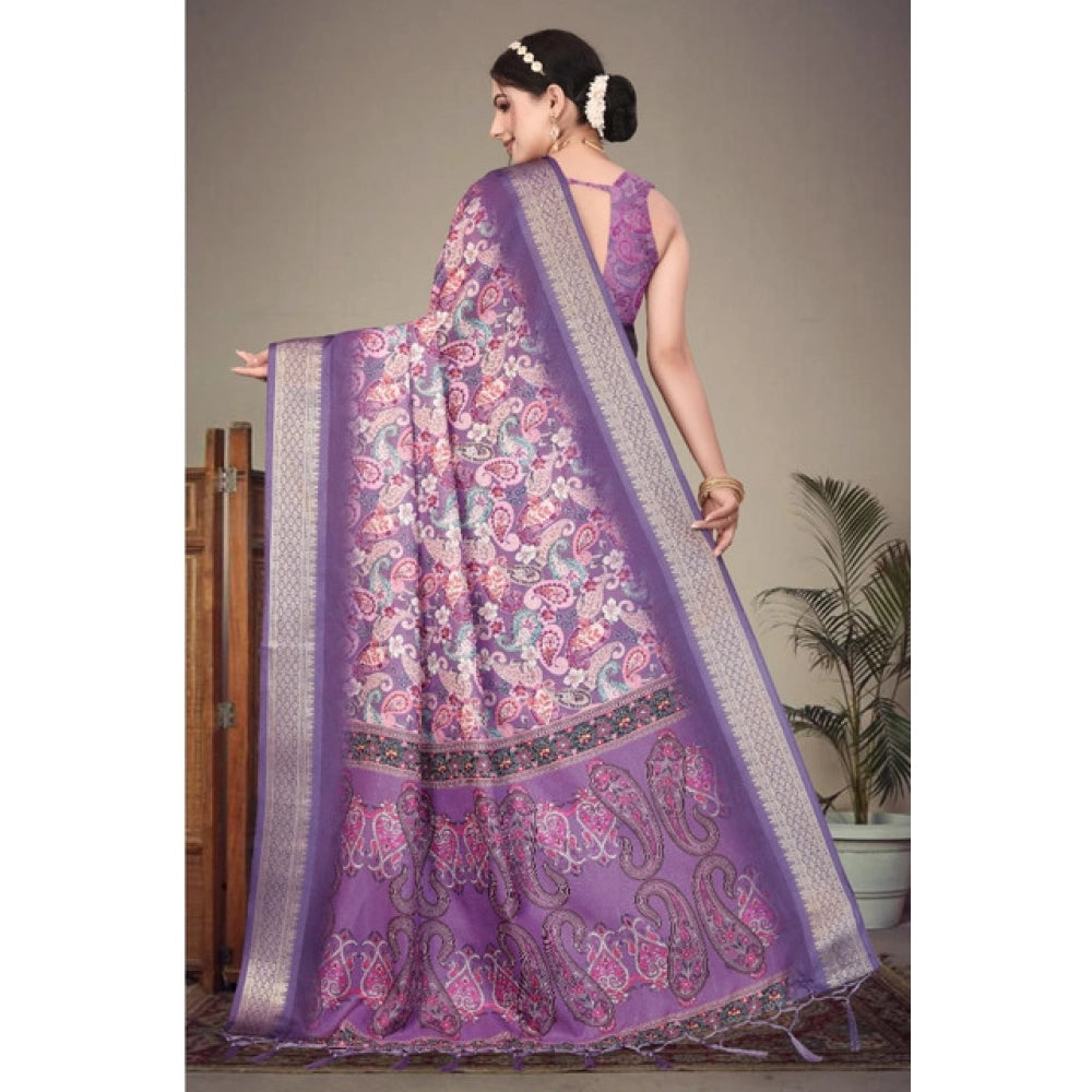 Vaystra Cotton Silk Printed Saree With Unstitched Blouse 5.5Mtr – Purple