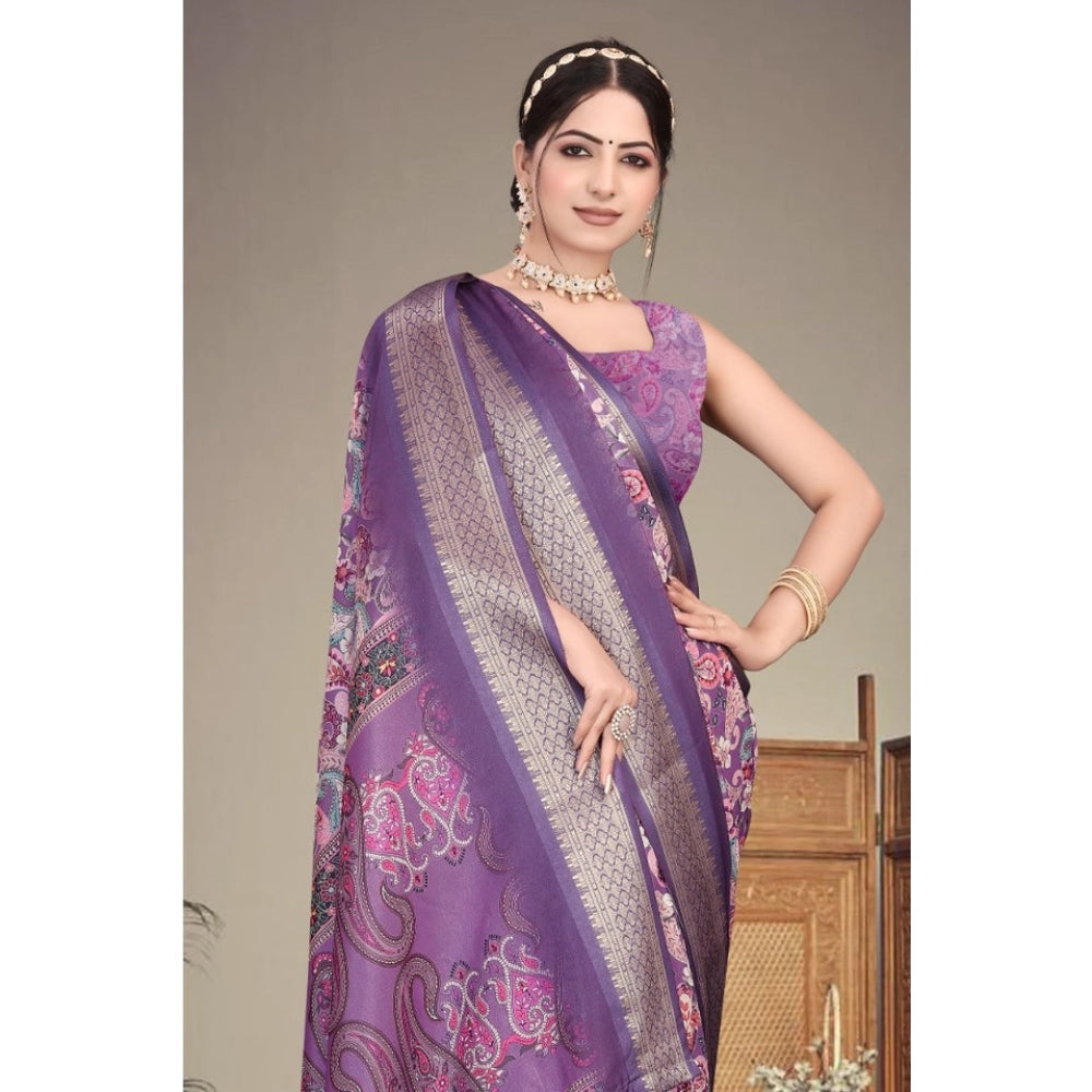 Vaystra Cotton Silk Printed Saree With Unstitched Blouse 5.5Mtr – Purple