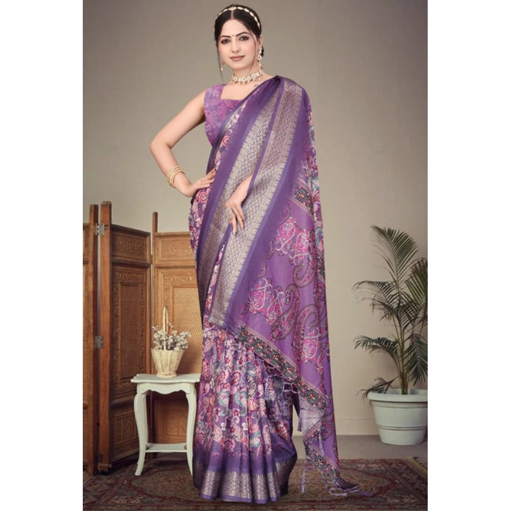 Vaystra Cotton Silk Printed Saree With Unstitched Blouse 5.5Mtr – Purple