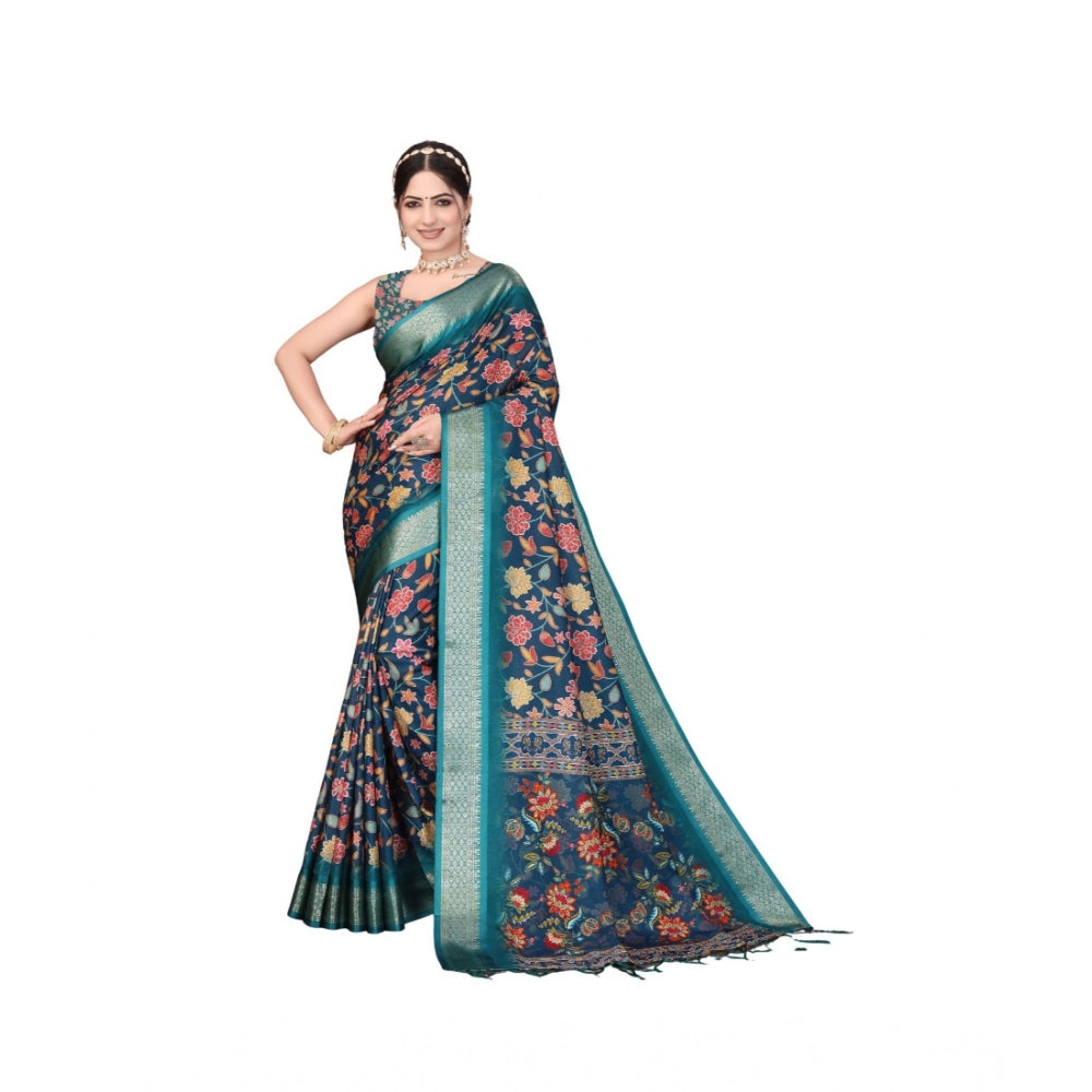 Vaystra Cotton Silk Printed Saree With Unstitched Blouse 5.5Mtr – Blue