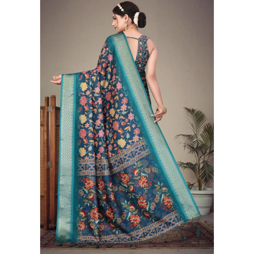 Vaystra Cotton Silk Printed Saree With Unstitched Blouse 5.5Mtr – Blue