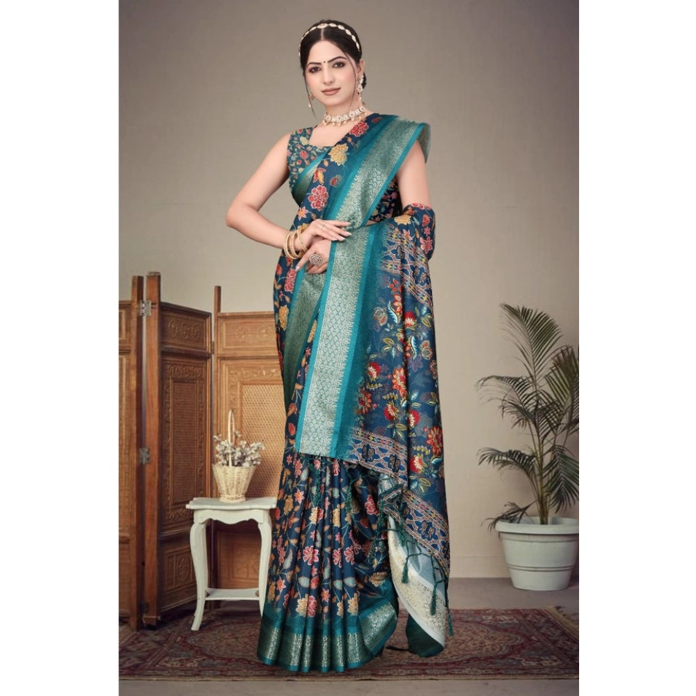 Vaystra Cotton Silk Printed Saree With Unstitched Blouse 5.5Mtr – Blue