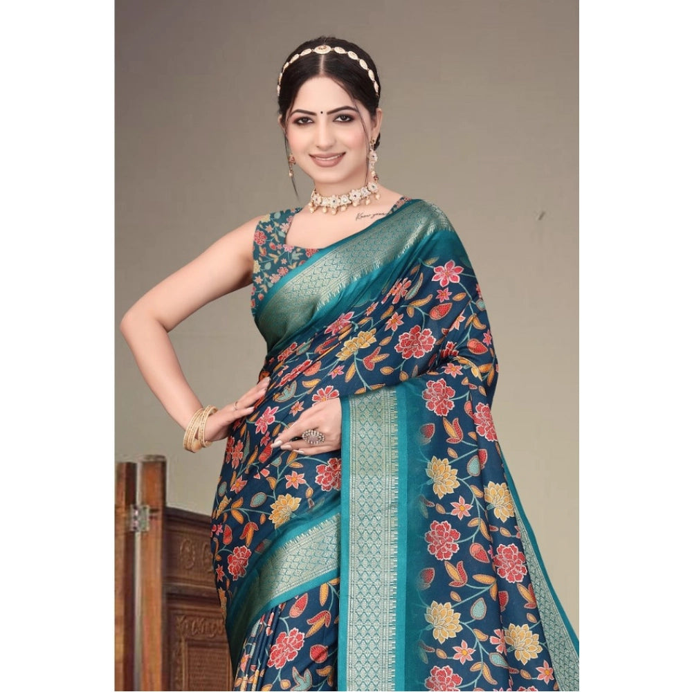 Vaystra Cotton Silk Printed Saree With Unstitched Blouse 5.5Mtr – Blue