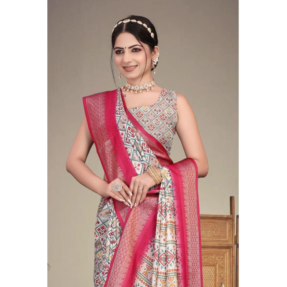 Vaystra Cotton Silk Printed Saree With Unstitched Blouse 5.5Mtr – Pink