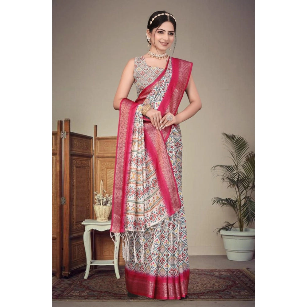 Vaystra Cotton Silk Printed Saree With Unstitched Blouse 5.5Mtr – Pink