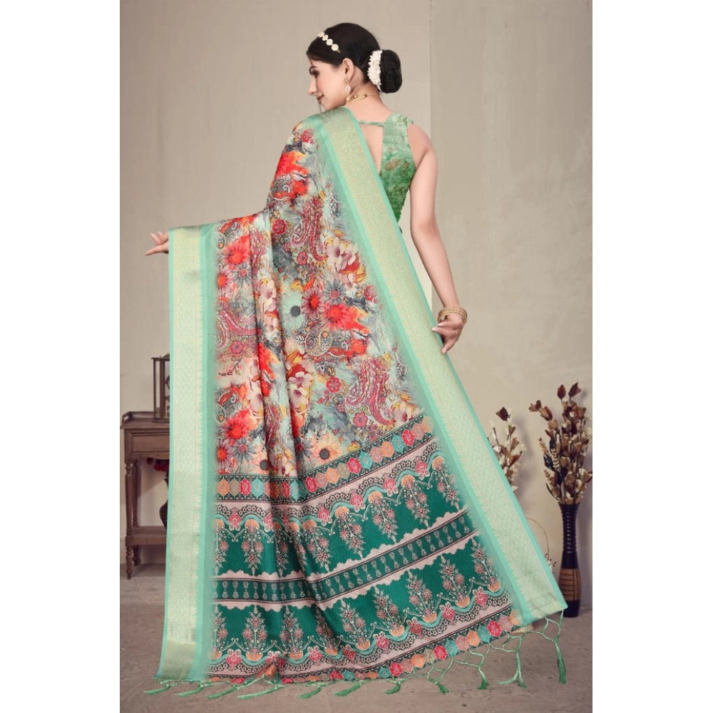 Vaystra Cotton Silk Printed Saree With Unstitched Blouse 5.5Mtr – Light Green