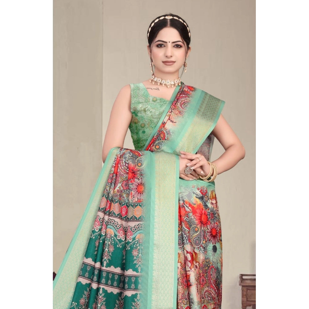 Vaystra Cotton Silk Printed Saree With Unstitched Blouse 5.5Mtr – Light Green