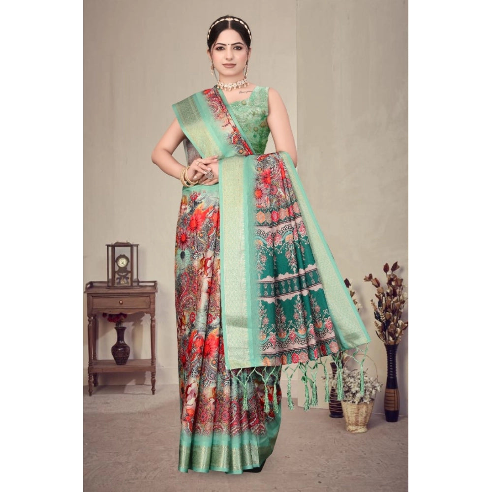 Vaystra Cotton Silk Printed Saree With Unstitched Blouse 5.5Mtr – Light Green