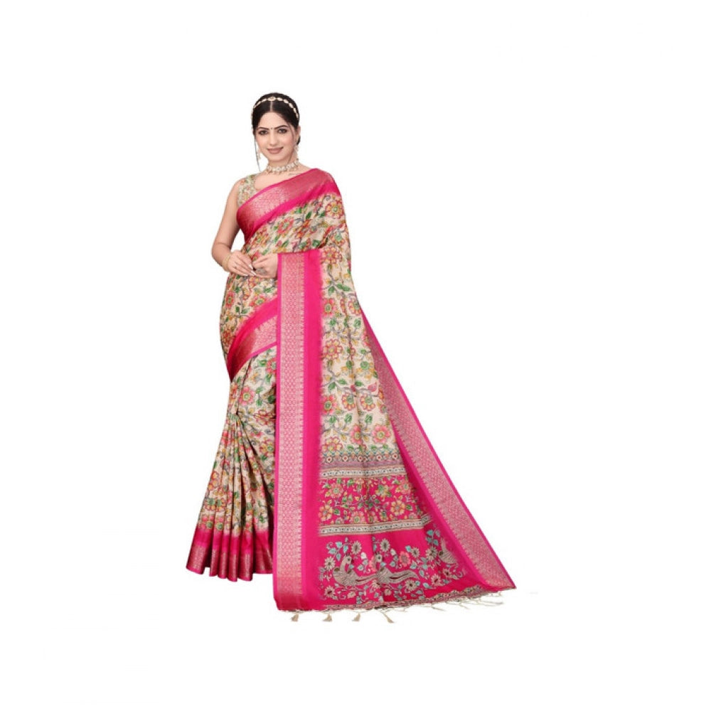 Vaystra Cotton Silk Printed Saree With Unstitched Blouse 5.5Mtr – Pink