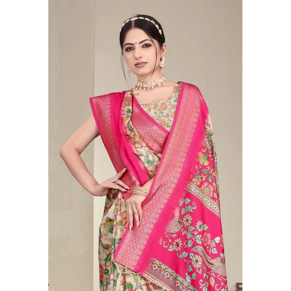 Vaystra Cotton Silk Printed Saree With Unstitched Blouse 5.5Mtr – Pink