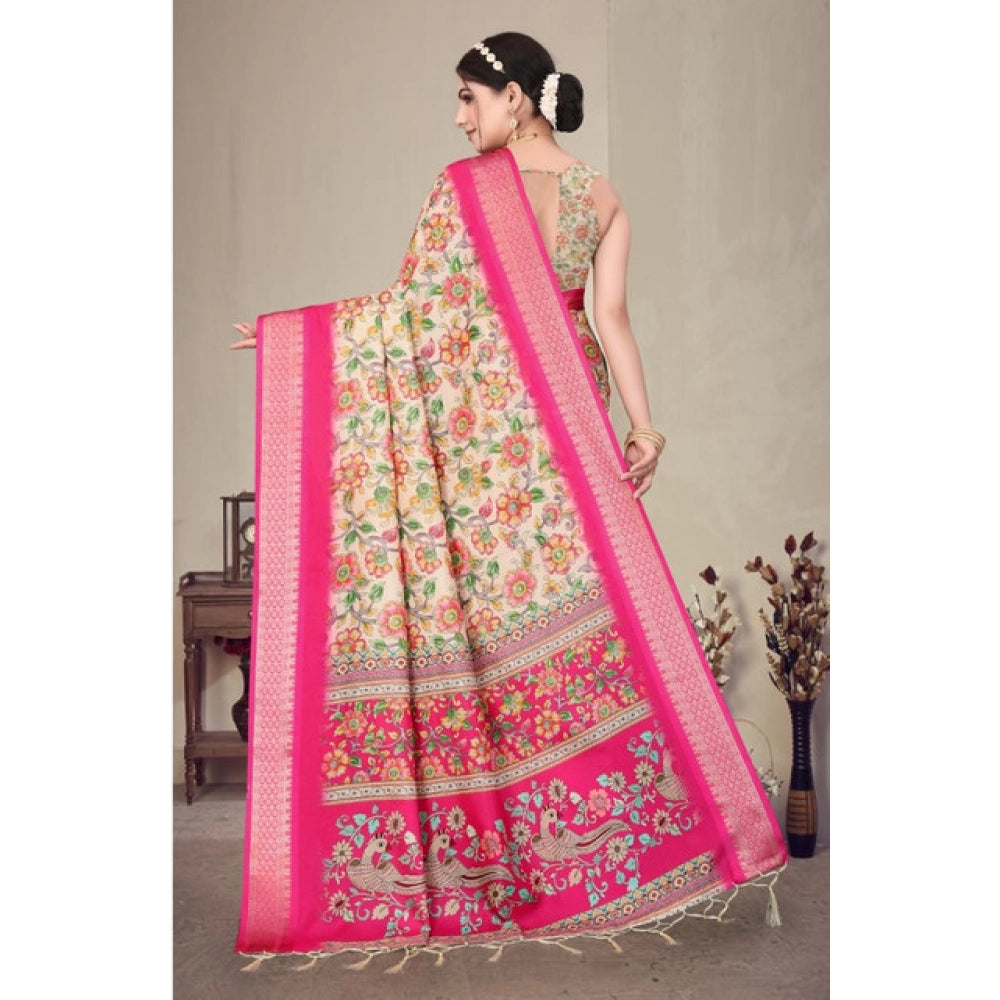 Vaystra Cotton Silk Printed Saree With Unstitched Blouse 5.5Mtr – Pink