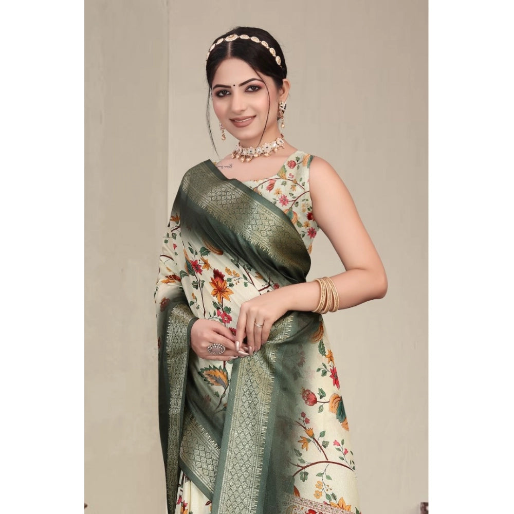 Vaystra Cotton Silk Printed Saree With Unstitched Blouse 5.5Mtr – Green
