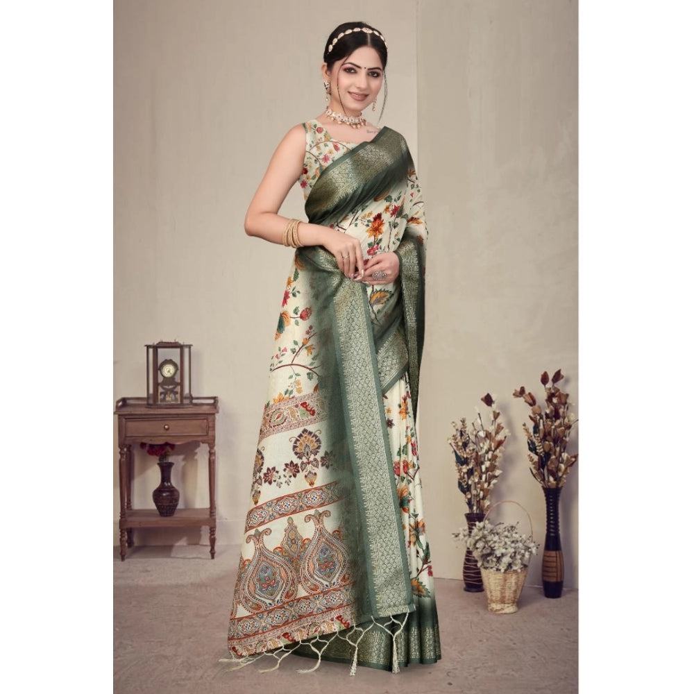 Vaystra Cotton Silk Printed Saree With Unstitched Blouse 5.5Mtr – Green