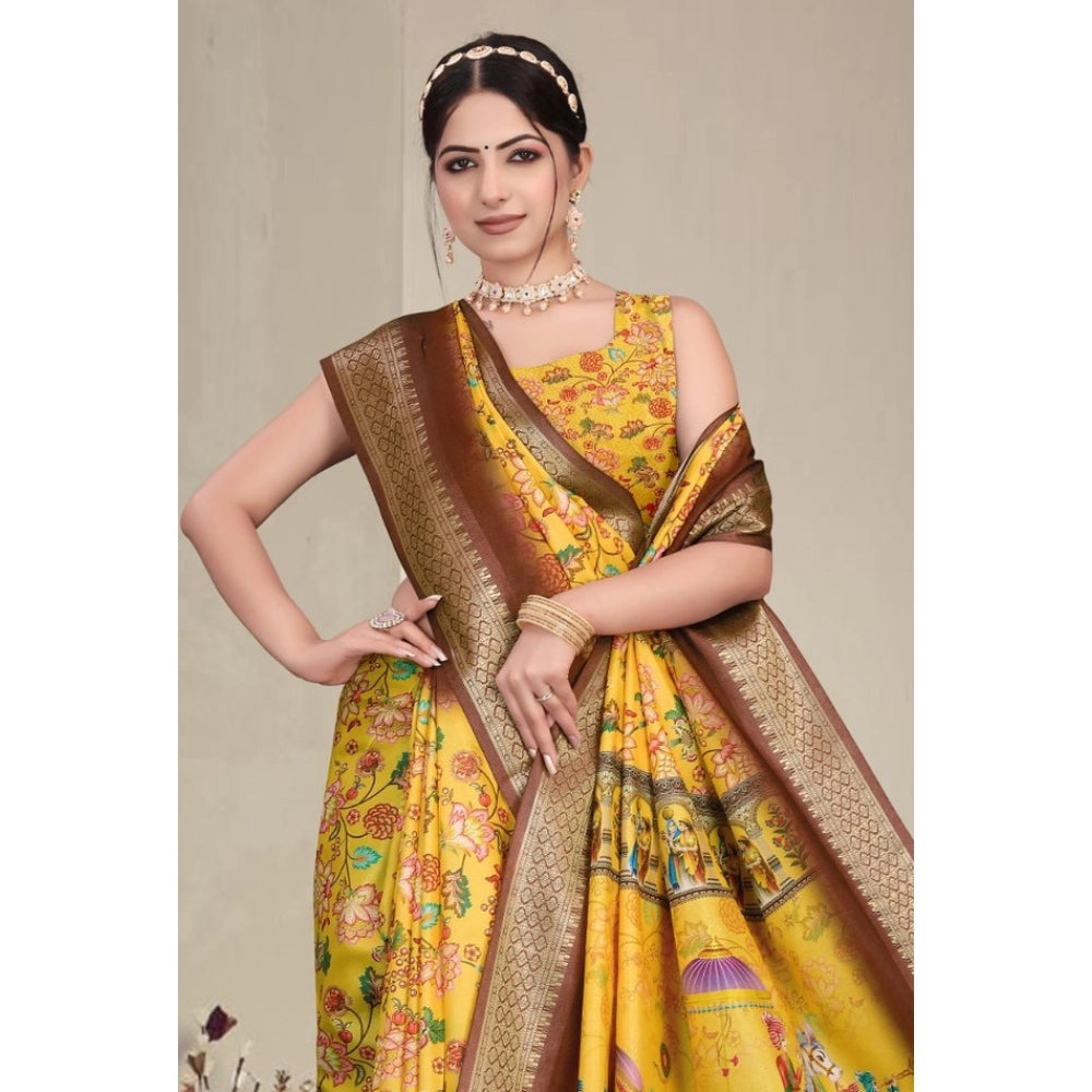 Vaystra Cotton Silk Printed Saree With Unstitched Blouse 5.5Mtr – Yellow