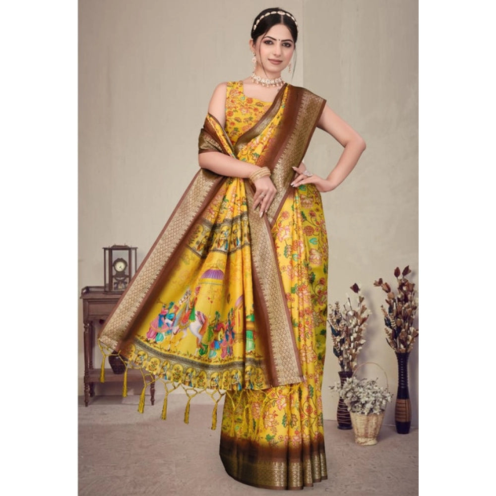 Vaystra Cotton Silk Printed Saree With Unstitched Blouse 5.5Mtr – Yellow