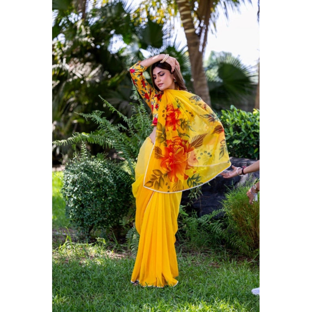 Vaystra Georgette Printed Saree With Unstitched Blouse 5.5Mtr – Yellow