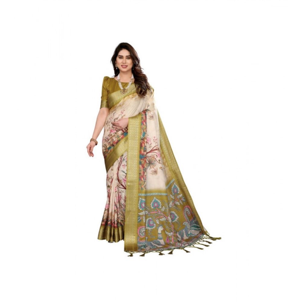 Vaystra Cotton Silk Printed Saree With Unstitched Blouse 5.5Mtr – Olive Green