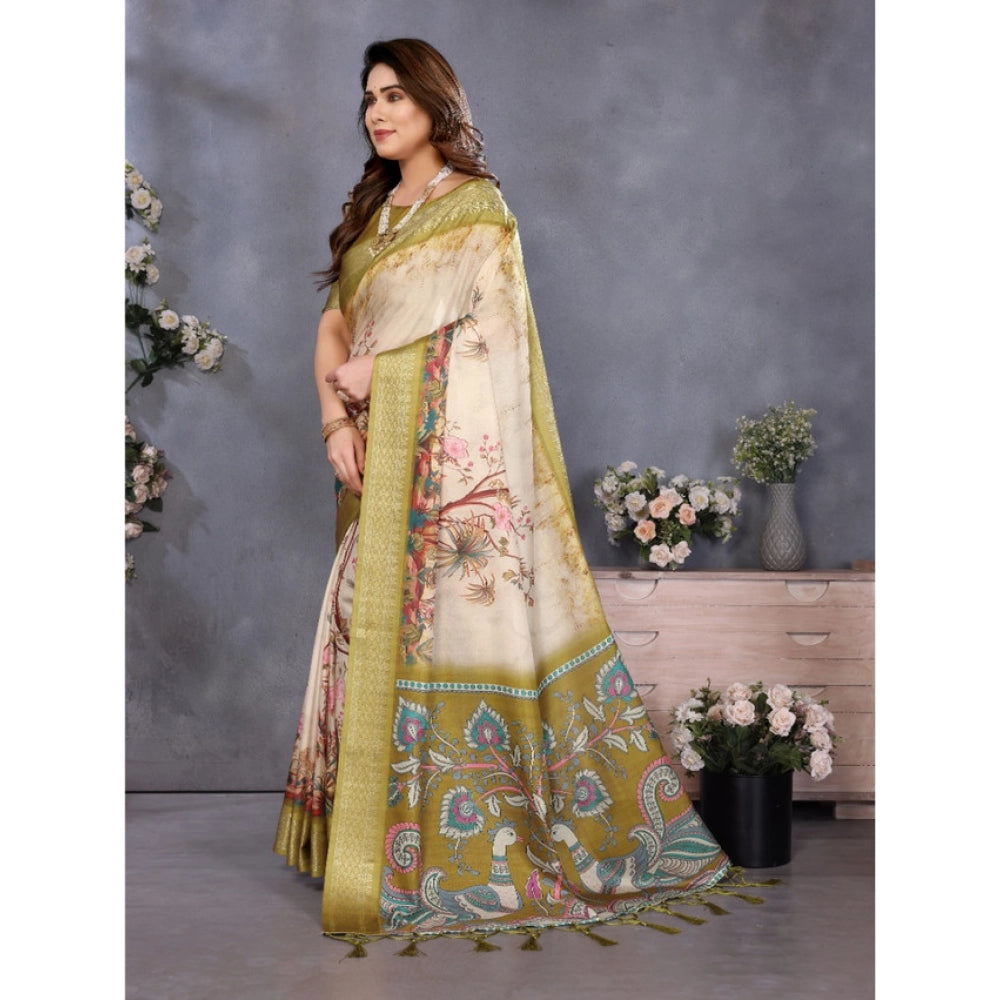 Vaystra Cotton Silk Printed Saree With Unstitched Blouse 5.5Mtr – Olive Green