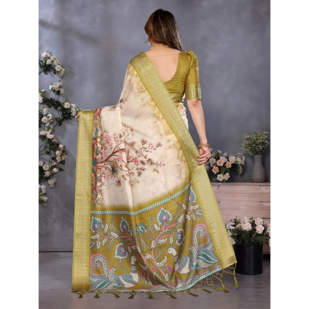 Vaystra Cotton Silk Printed Saree With Unstitched Blouse 5.5Mtr – Olive Green