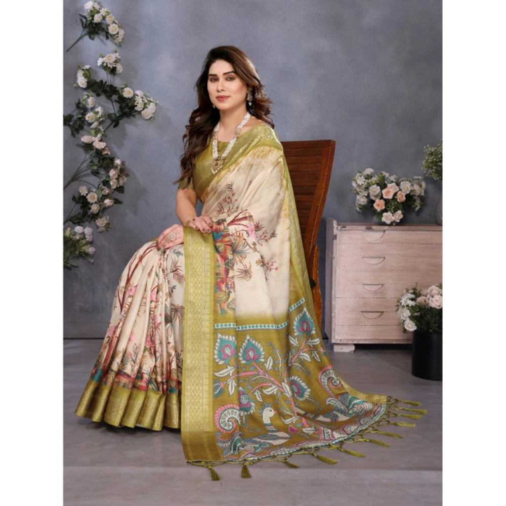 Vaystra Cotton Silk Printed Saree With Unstitched Blouse 5.5Mtr – Olive Green