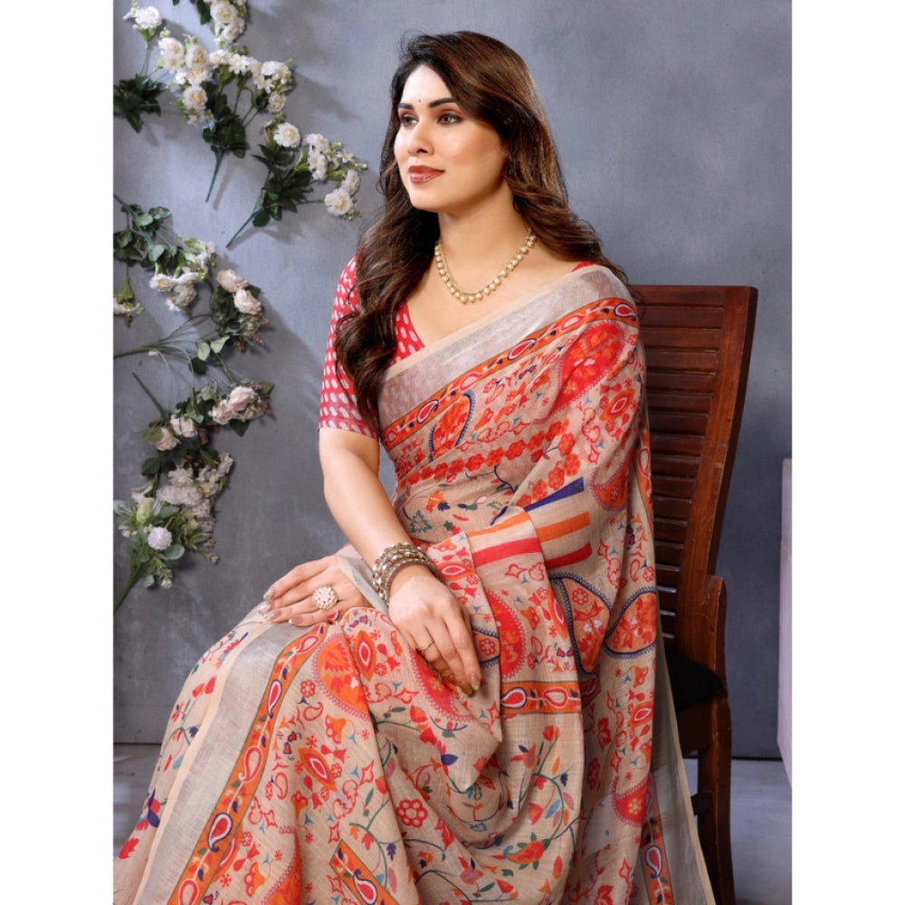 Vaystra Linen Cotton Printed Saree With Unstitched Blouse 5.5Mtr – Orange