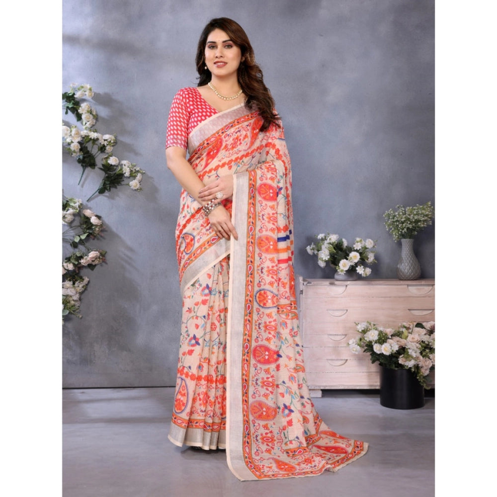 Vaystra Linen Cotton Printed Saree With Unstitched Blouse 5.5Mtr – Orange