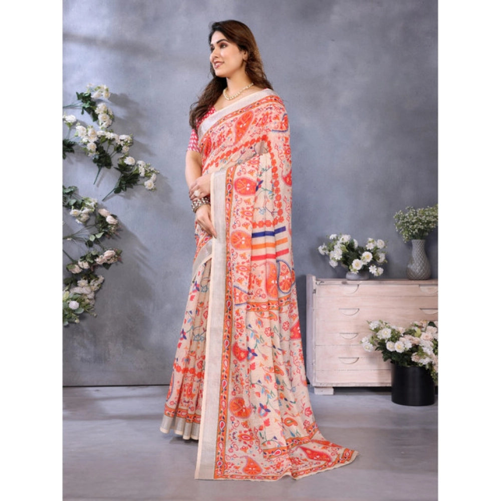 Vaystra Linen Cotton Printed Saree With Unstitched Blouse 5.5Mtr – Orange