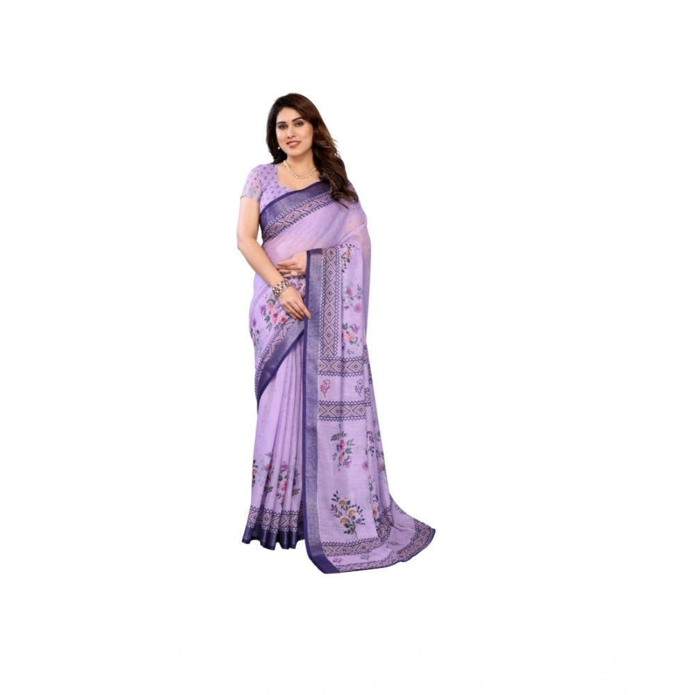 Vaystra Linen Cotton Printed Saree With Unstitched Blouse 5.5Mtr – Purple