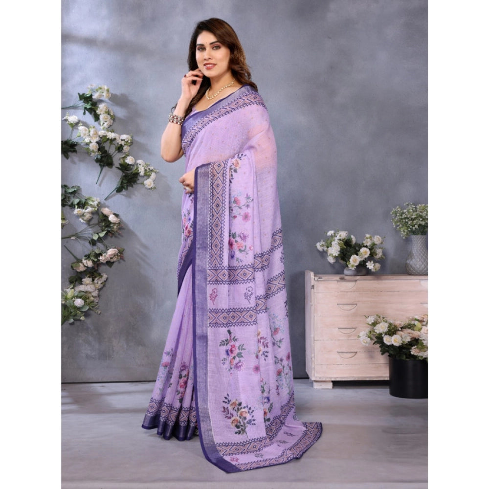 Vaystra Linen Cotton Printed Saree With Unstitched Blouse 5.5Mtr – Purple