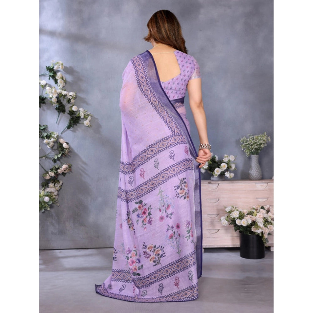 Vaystra Linen Cotton Printed Saree With Unstitched Blouse 5.5Mtr – Purple